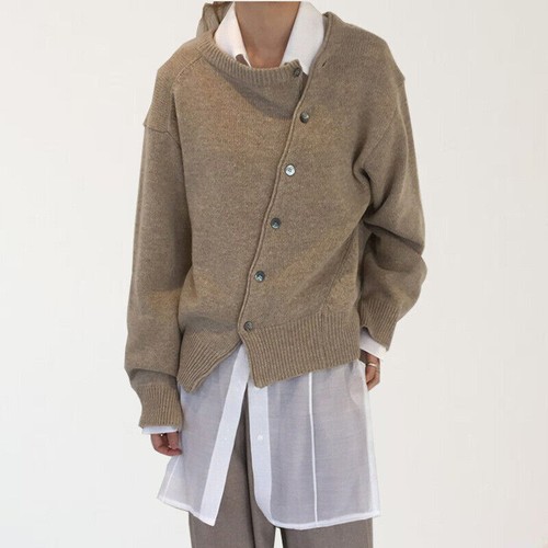 Women's Diagonal Button Irregular Sweater Cardigan Round Neck Knitted Jacket