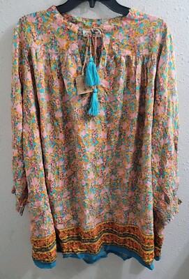 Natural Life Dara V Neck Mini Dress Turquiose Orange Border Sz Med Boho Festival