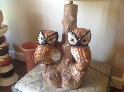 Vintage Chalkware Plaster Double Owl Table Lamp Mid-Century Modern