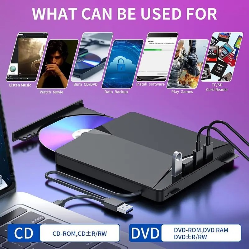 Graveur CD portable USB 3.0 ultra rapide avec double câble Type C intégré