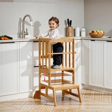 Height Adjustable Standing Tower - Kitchen Stool Helper Natural