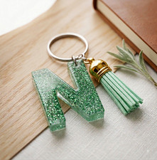 Green  Gold Glitter Letter N Key Chain with Tassel, Resin  Metal
