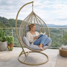Hängesessel mit Gestell Polyrattan Hängekorb Rattan Hängestuhl Beige / Grau