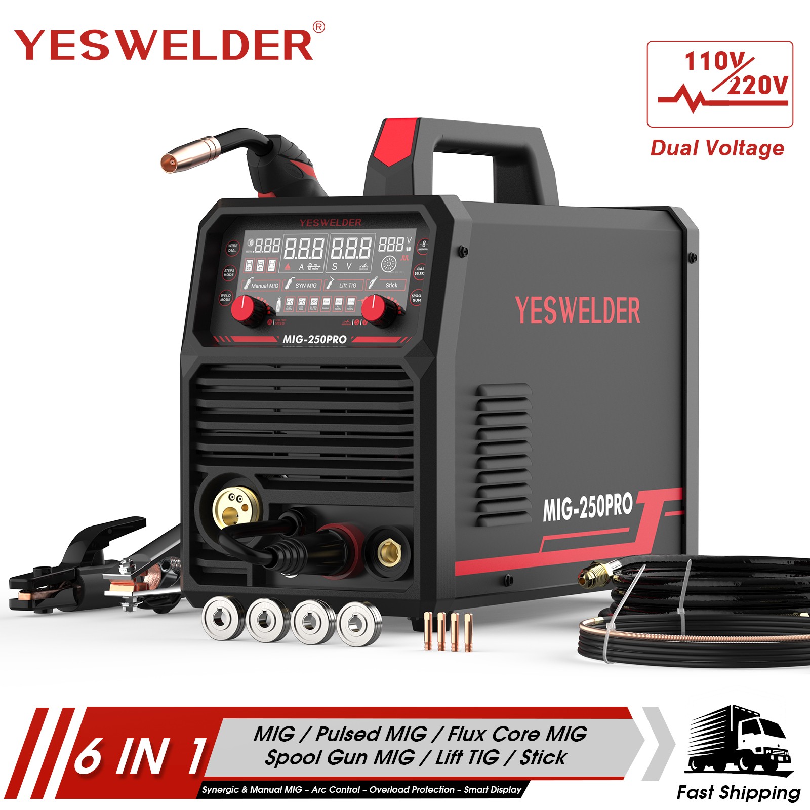 MIG-250PRO 250A 6-in-1 Welder 110V/220V Digital Display Spool Gun Compatible