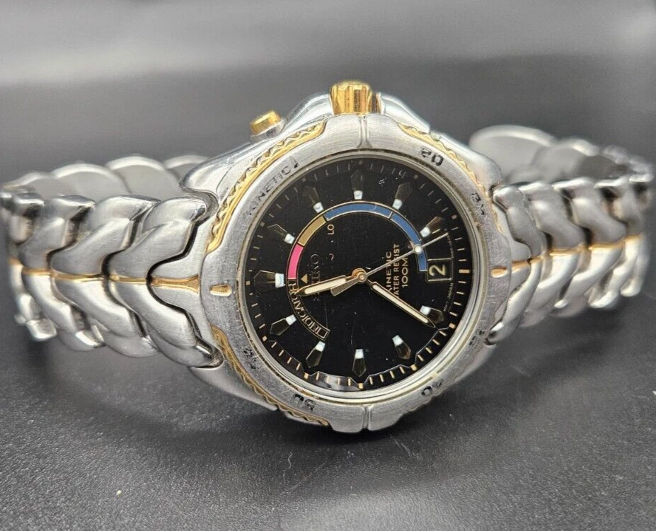 Seiko Kinetic 100M Black Face Stainless Band Watch 5M62 0B40