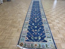 3 x 15'7 Runner Hand Knotted Navy Blue Colorful Oushak Oriental Rug G13920