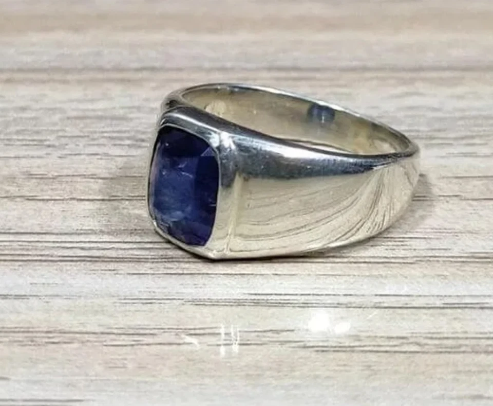 Anillo de zafiro azul natural para hombre anillo de sello de plata 925 regalo de cumpleaños para niños Foto 3 de 4