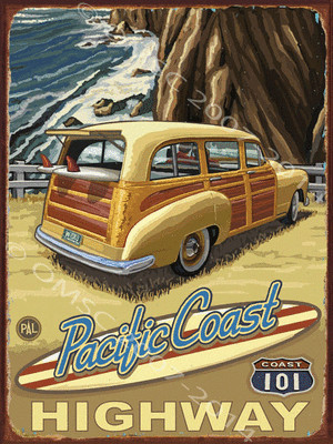Pacific Coast Hwy Metal Sign, Vintage Woody Car, Surf, California, Ocean View