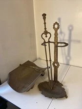Antique Brass Or Cast Iron Fireplace Tool Set Gold Servant Tongs Log Holder