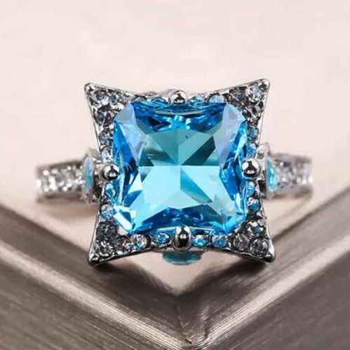 Elegant 925 Sterling Silver Blue Topaz Charms Wedding Engagement Ring Size 7 - Picture 7 of 9