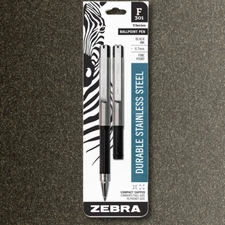 Zebra F-301 Ballpoint Stainless Steel Retractable Pen 0.7mm Black Ink 2 Pack NEW
