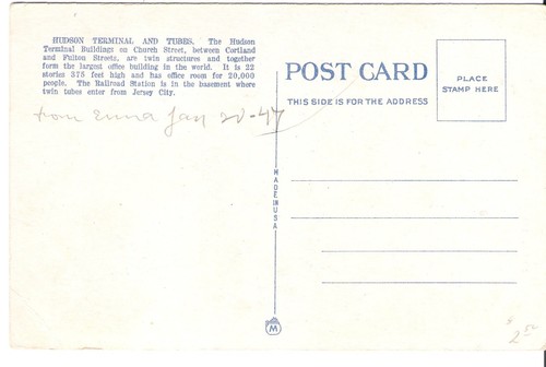 NYC Subway - Hudson River Terminal, and Tubes, Card from 1947, Front & Back View - Picture 2 of 2