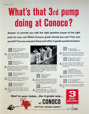 1960 Conoco Gasoline Vintage Print Ad 3 Grade Power Pumps Right Price Your Car