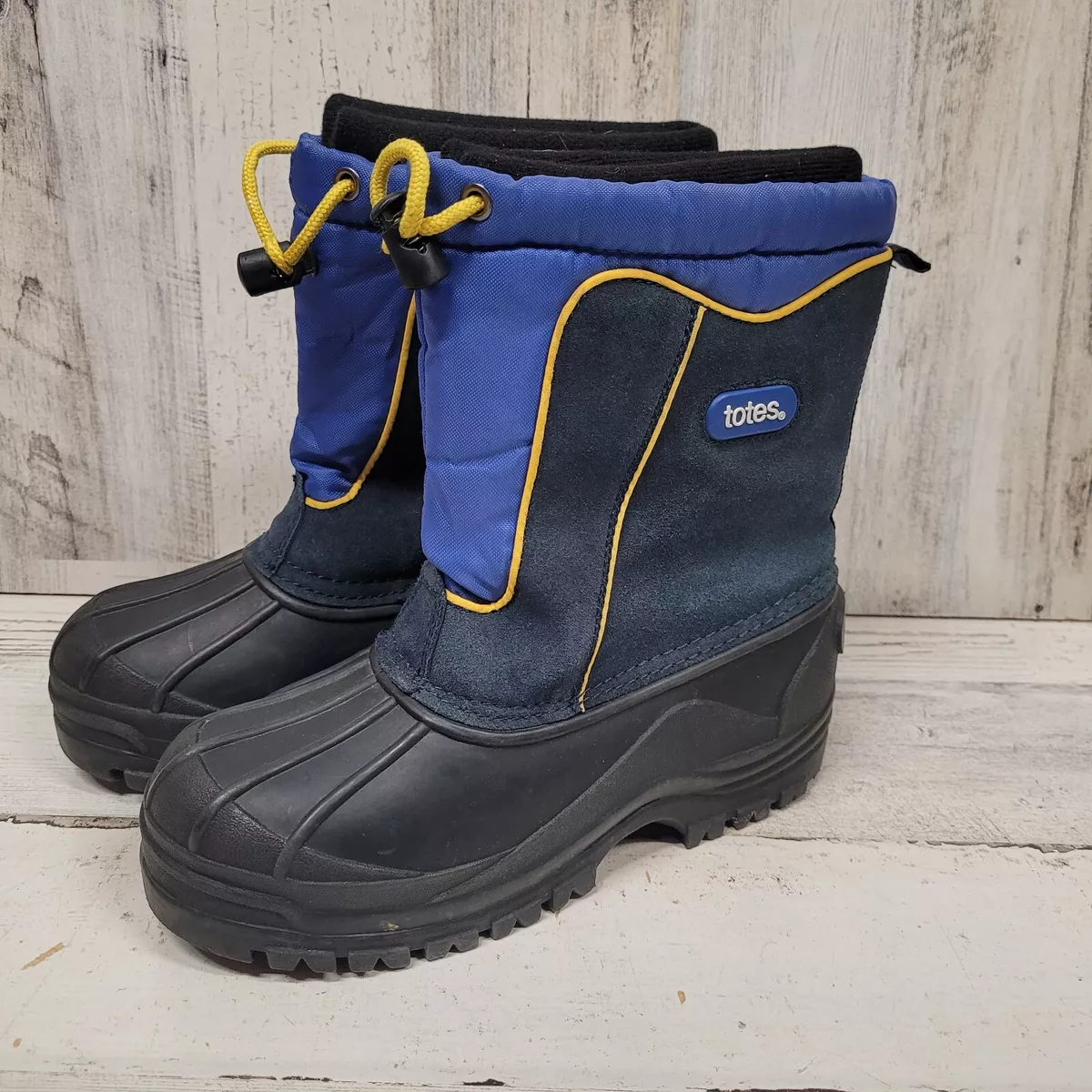 Totes Greg Kids Boys Black Yellow Blue Waterproof Snow Boots Shoes Sz 3