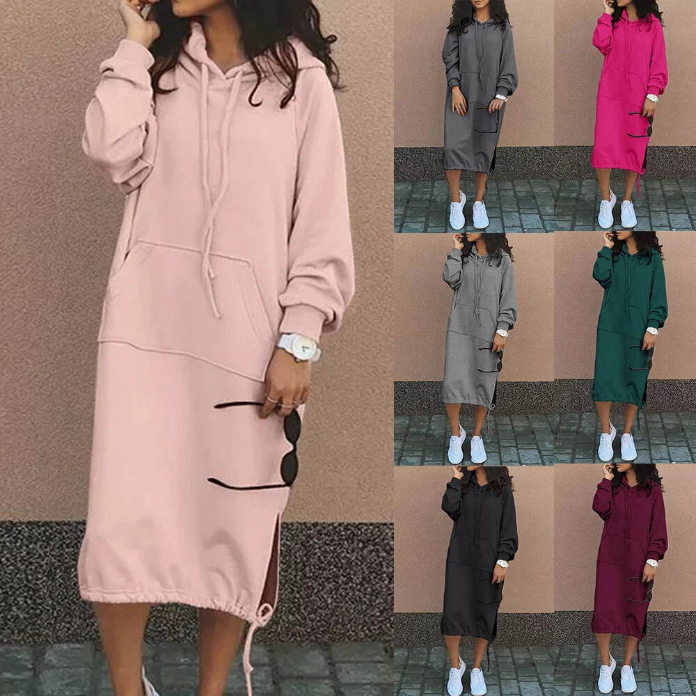 Womens Fleece Hooded Hoodie Sweatshirt Dress Long Sleeve Pullover