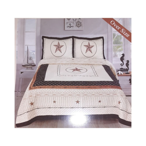 Western Design 3 Piece Quilted   Bedspread Set Stars & Barbed Wire Queen King Si - Picture 1 of 3
