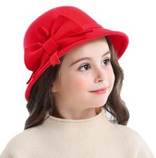 Kids Girls Winter Warm 100 Wool Bucket Hats Fedoras with BowknotRed