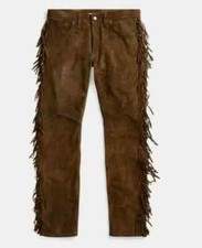 Men's Western Cowboy Brown Leather Suede Native American Buckskin Fringed Pants