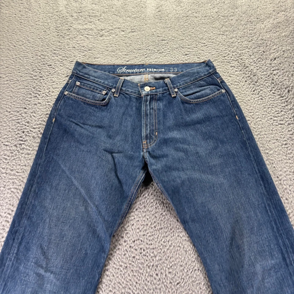 Pantalones de mezclilla Structure Premium para hombre 33x30 azul algodón lavado oscuro ajustados rectos Foto 2 de 4