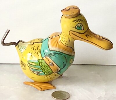 Vintage WORKING Wind-Up Toy J Chein Co USA Tin Litho Wiggle Duck in Sailor Suit