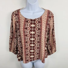 Alya Women Top Sz S Cream Pink Floral Open Keyhole Back Long Sleeve Boho Peasant