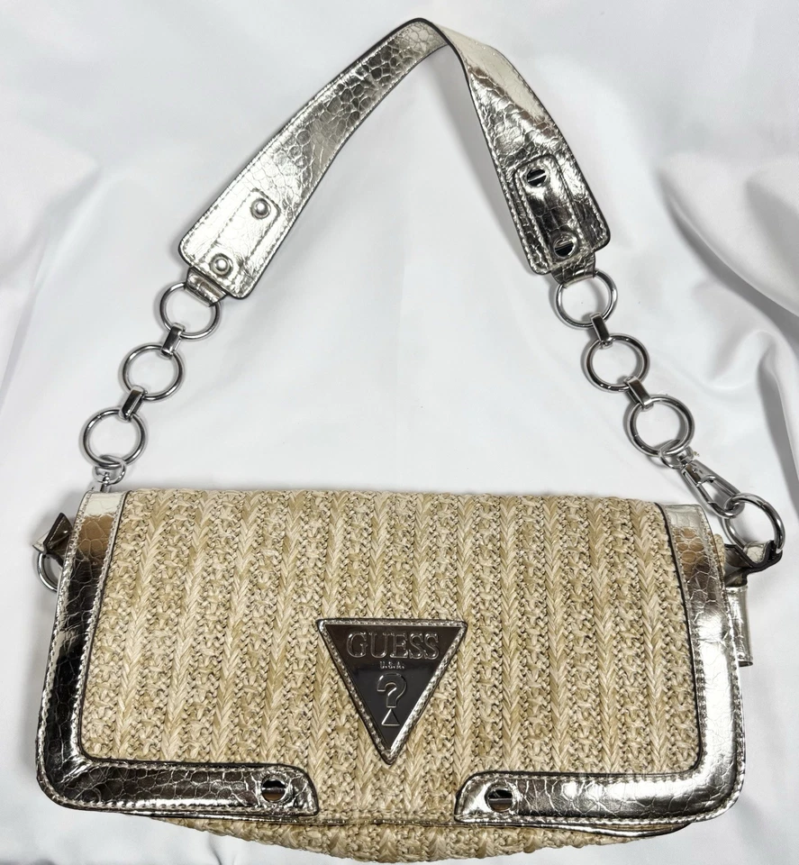 Guess 复古金色吸管可调式手包 罕见 加勒比花卉内衬 — 第 2/4 张图片