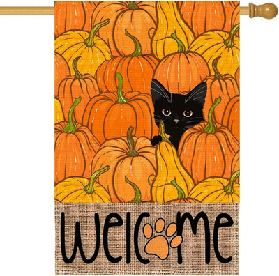 Fall House Flag 28X40 Inch Double Sided Outside,Black Cat Pumpkins Autumn Welcom