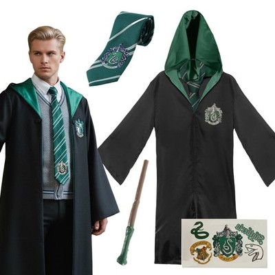 Erwachsene Harry Potter Kostüm Offiziell Slytherin Robe Set Krawattenstab Tattoos