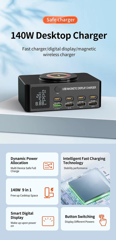 140W Wireless Charg 1+8 Multifunctional Digital Display 8 port Charger for IP/SM - Image 2 of 4
