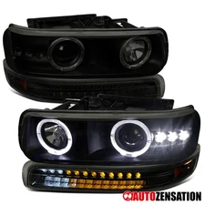Fit 99-02 Silverado 00-06 Tahoe Smoke Halo Projector Headlights+LED Bumper Lamps