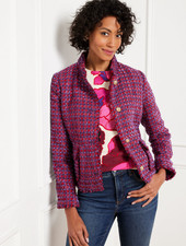 Talbots New Boucle Tweed Blazer Jacket Sz 18W Red Purple Plaid Gold Buttons 169