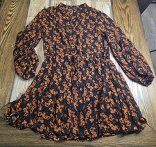 Lulus Black Orange Floral Dress Women’s Medium Long Sleeve Tie Waist Flowy Mini