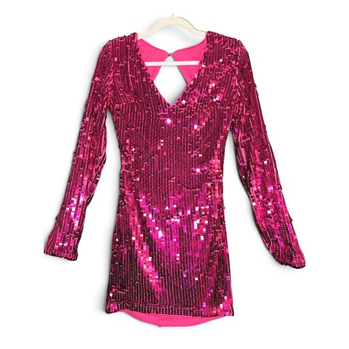 Lulus Hot Pink Sequin Mini Dress Long Sleeve Back Cutout Fuchsia Party Size M