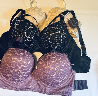Liviara Set Of 3 Bras Size 34D Lace, Padded, Adjustable Black, Nude, & Purple