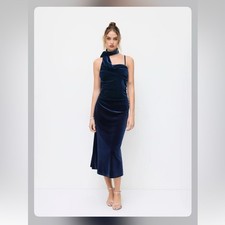 Cider VELVET HALTER NECKLINE RUCHED CAMI MAXI DRESS WITH SCARF L CR2-2