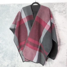 Reversible Poncho Wrap Womens One Size Gray Burgundy Plaid Open Front Cape Shawl