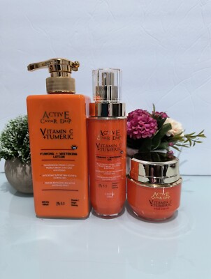 Active Caviar Drip Vitamin C + Turmeric Lotion +serum And Face Cream 3 In 1 Set