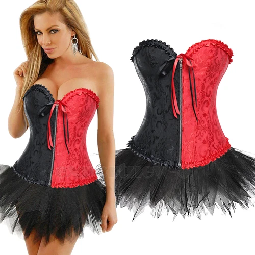 Ladies Lace Strapless Up Burlesque Corset Fancy Dress Costume Overbust Top&Tutu - Picture 18 of 31