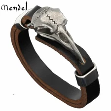 MENDEL Mens 8 9 Inch Norse Viking Leather Raven Crow Skull Bracelet Wristband
