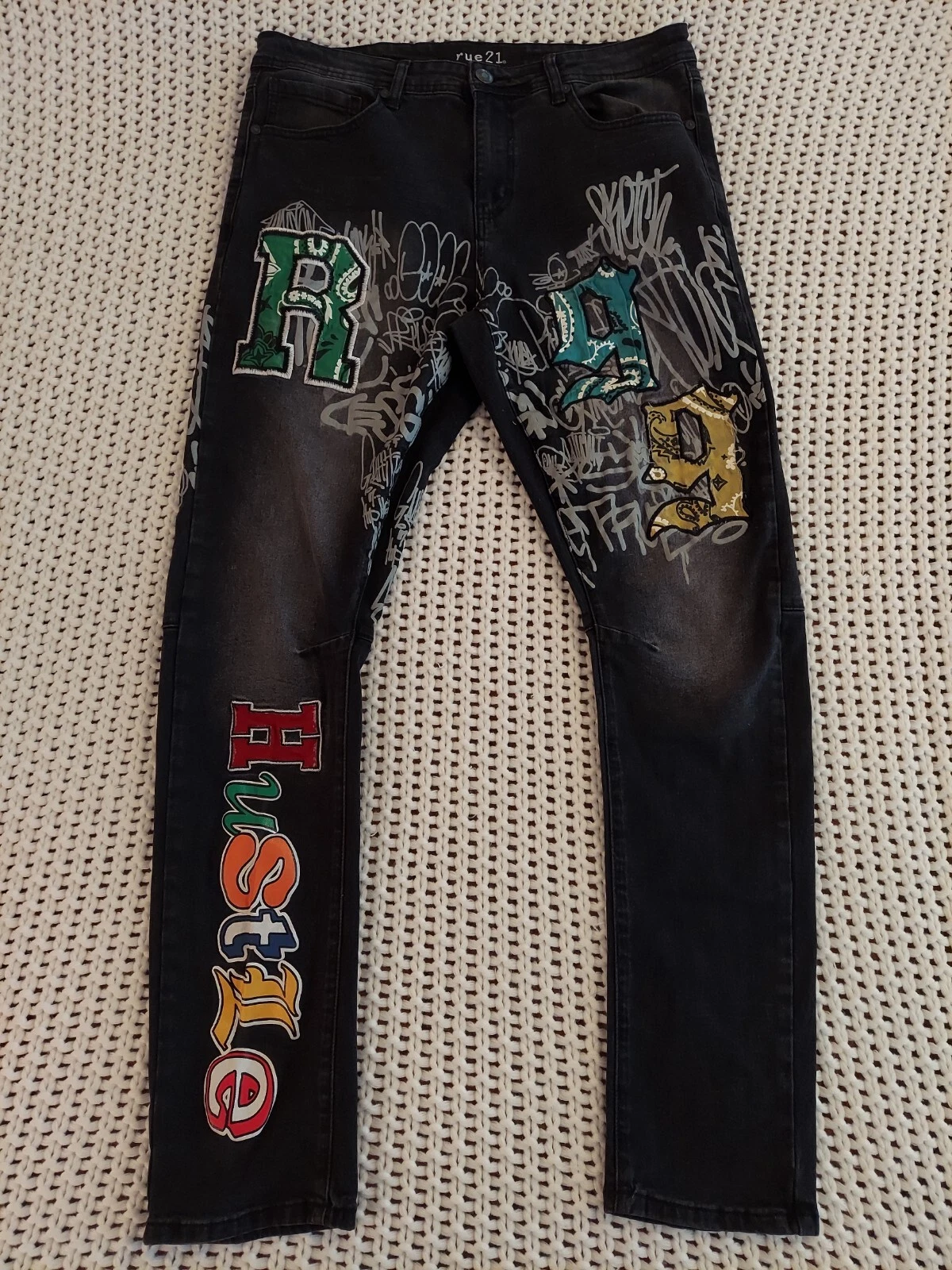 RUE 21 Skinny Arc Supreme Flex Graffiti Jeans Homme 34x32 Streetwear Patch