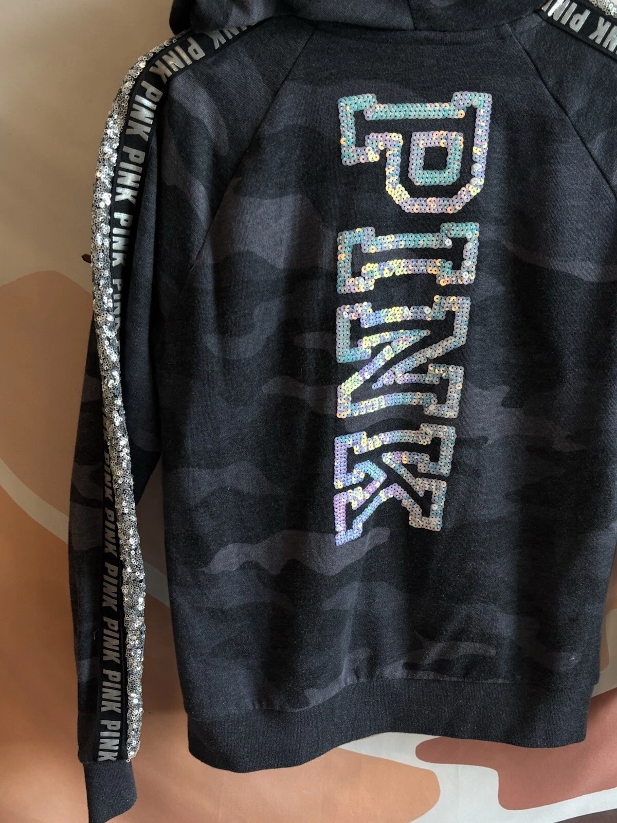 UNDERCOVER Felpa donna ROSA Victoria's Secret piccola grigia mimetica paillettes bling felpa con cappuccio