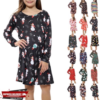 Kinder Weihnachten bedruckt Schaukelkleider Mädchen Weihnachtsmann an der Wand Weihnachten Süßigkeiten Stick Kleid