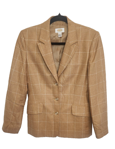 Talbots Womens Blazer Sz 6 Camel Color Silk Wool Blend Windowpane Plaid Vtg