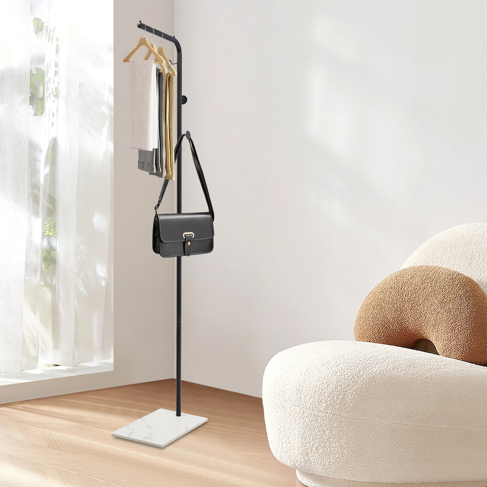 L-Shape Metal Coat Rack with Hat Bag and Umbrella Holder