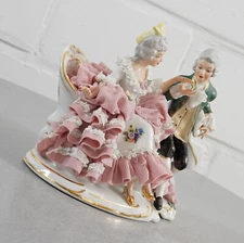 Elegant Dresden Bisque Porcelain Figurine Pair on Bench Baroque Rococo Style ...