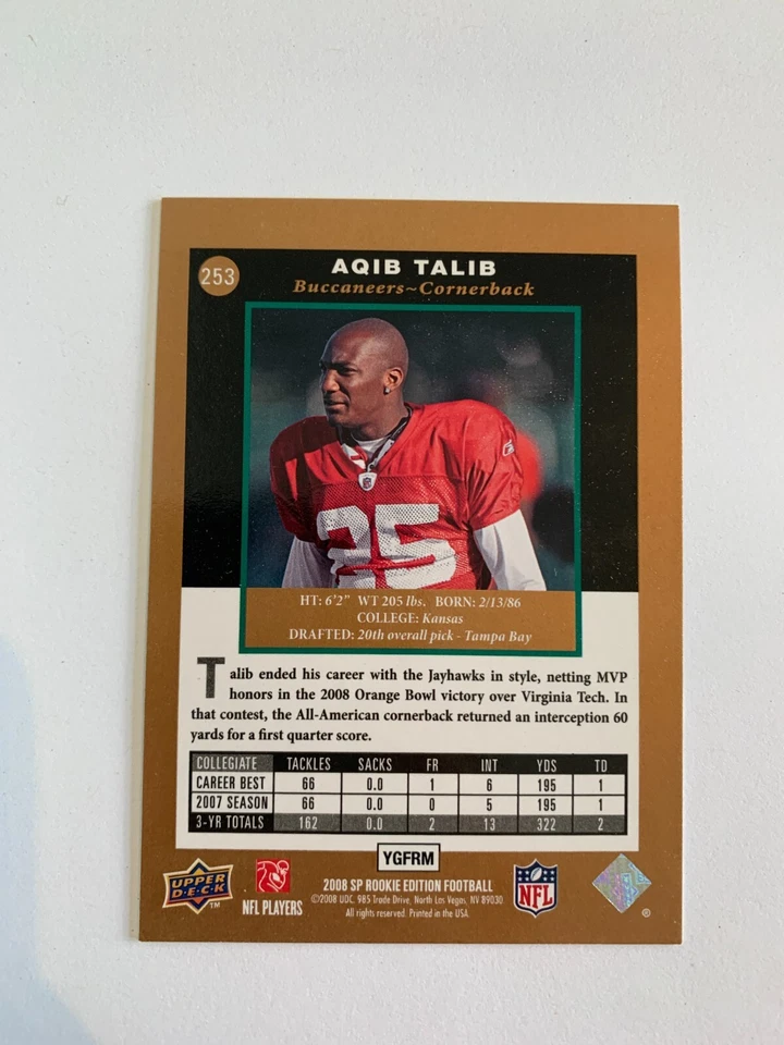 2008 SP Rookie Edition #253 Aqib Talib - Tampa Bay Buccaneers - Image 2 of 2