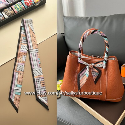 Sallys 18 Momme Twill Silk Scarf Ribbon Check Print Hair Bag Neck Tie 85*5cm