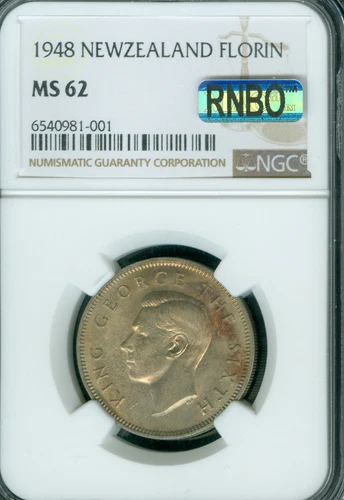 1948 NEW ZEALAND FLORIN NGC MS62  MAC RNBO RAINBOW *