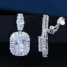 Silver Plated No Hole Designer CZ Square Clip On Earings for Non Pierced Ears