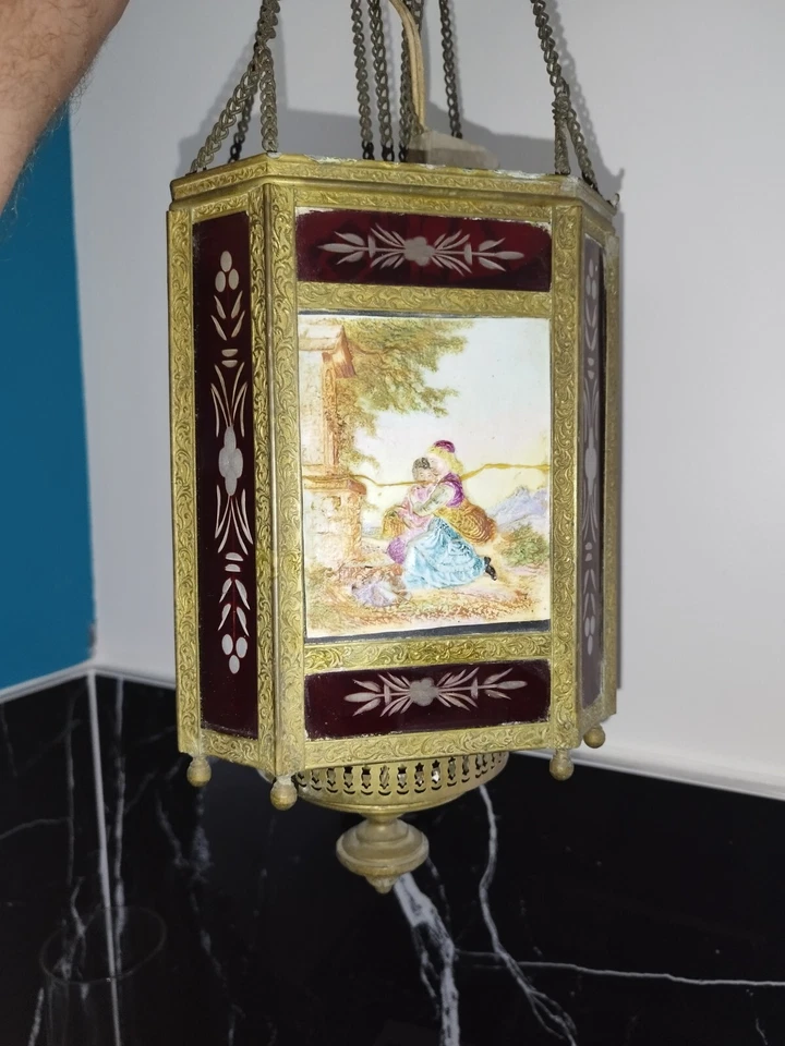 Rare Ancienne lanterne 4 lithophanies colorisées 19eme 1868 A Restaurer Laiton - Photo 3/4